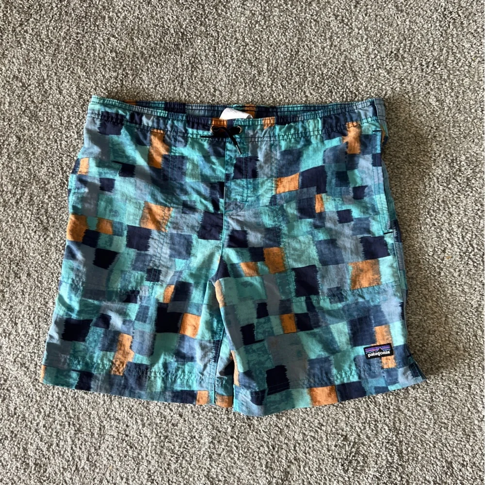 Patagonia shorts boys 14 blue patch baggies swim‎ trunks outdoor travel summer